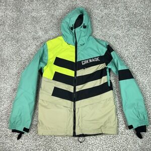 Grenade Jacket Mens Medium Teal Tan‎ Snowboard Parka Hooded Insulated Striped